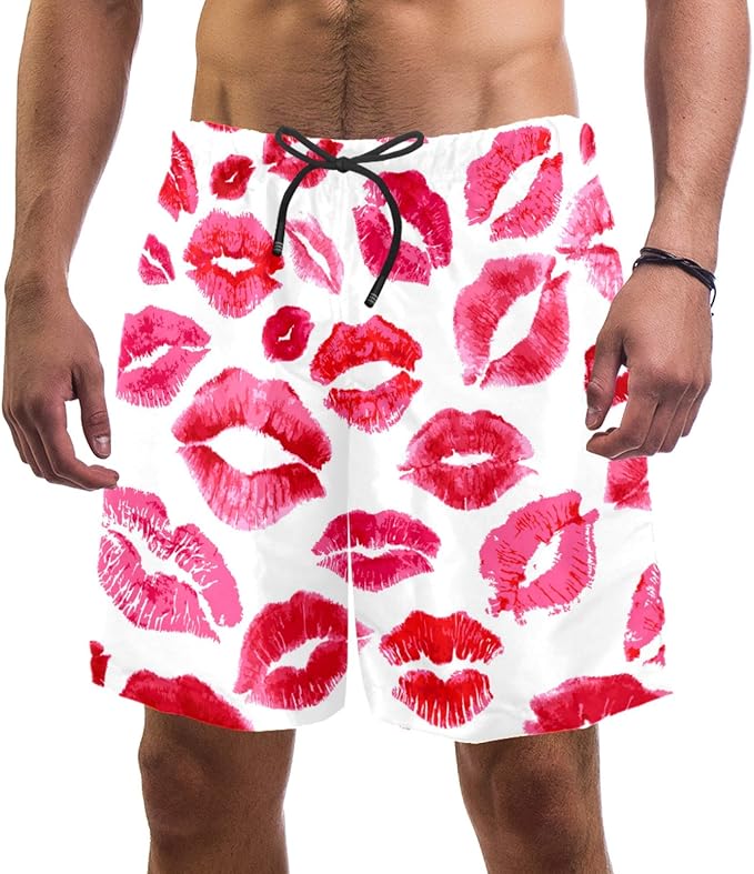 Red Lip Kiss Pattern Swim Shorts for Men Swim Trunks Men’s Bathing