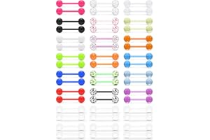 Prjndjw 48Pcs 14G 16mm 14MM Glow in Dark Tongue Nipple Ring Plastic Flexible Acrylic Straight Barbell Body Piercing Jewelry for Women Men Tongue NIppie piercings