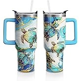 Sabobo 40 Oz Sea Turtle Tumbler with Handle and Lid Straw, Blue Marble Stainless Steel Travel Cups, Turtle Lover Gifts for Women Men (1PC)