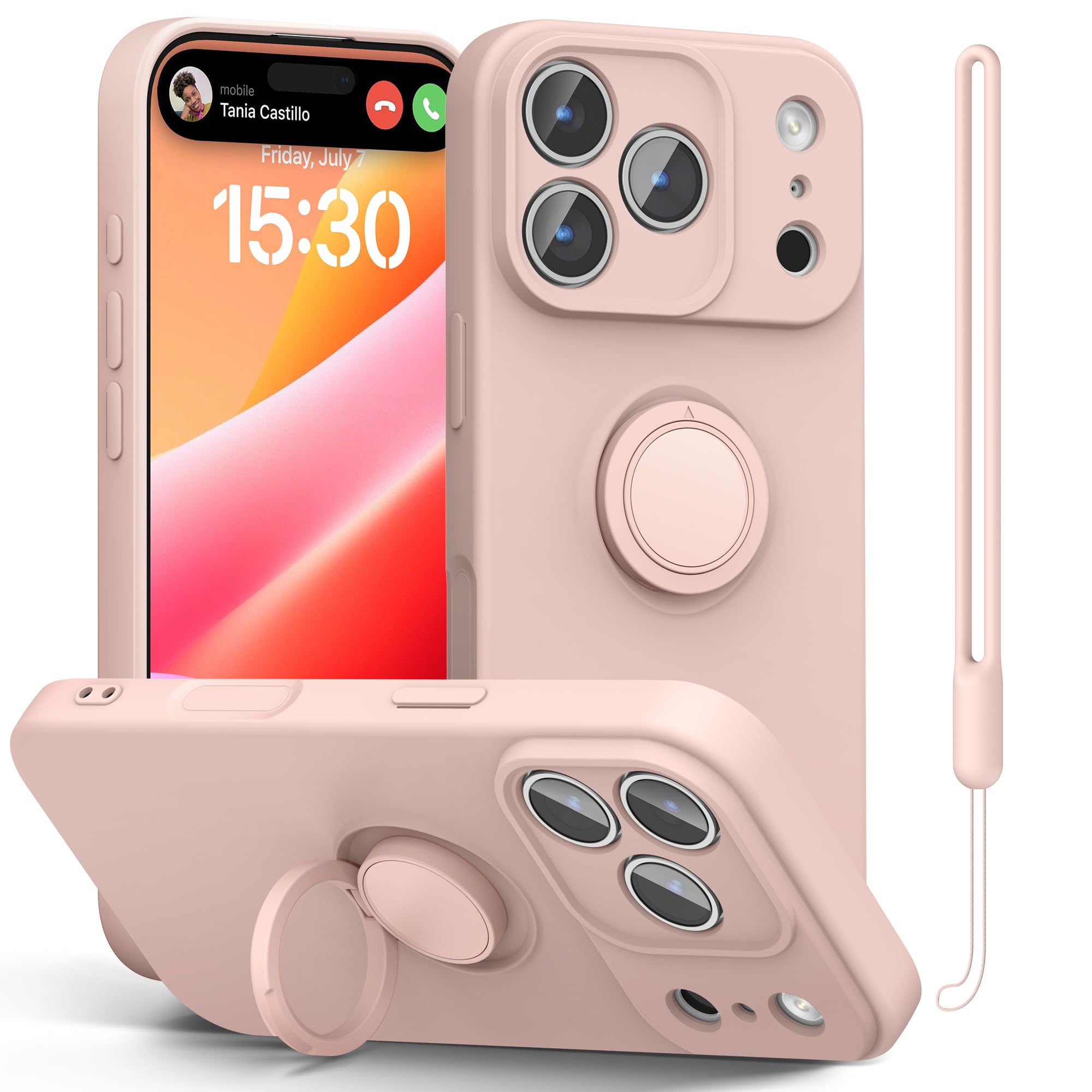 pcgaga Compatible with iPhone 17 Pro Max Case 6.9 inch, Silicone Slim Design with [Ring Holder Stand] [Wrist Strap] [Microfiber Lining] Shockproof Protective Case Cover, Pink