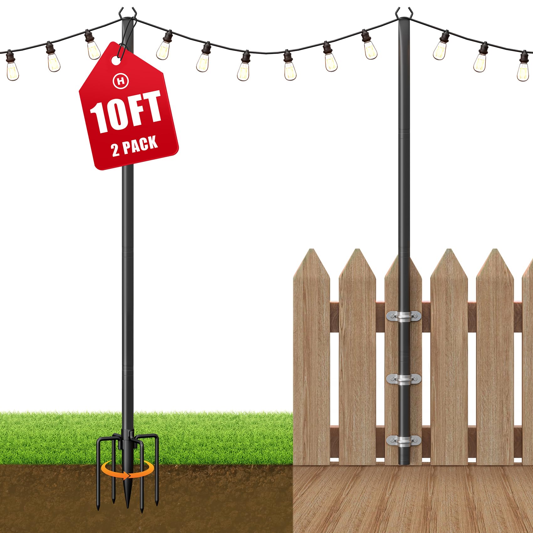 Photo 1 of 2 Pack String Light Poles for Outside, 10Ft Adjustable Outdoor Light Poles for String Lights, Outdoor Lighting Stand with Fork for Patio, Deck, Backyard, Garden, Party & Wedding