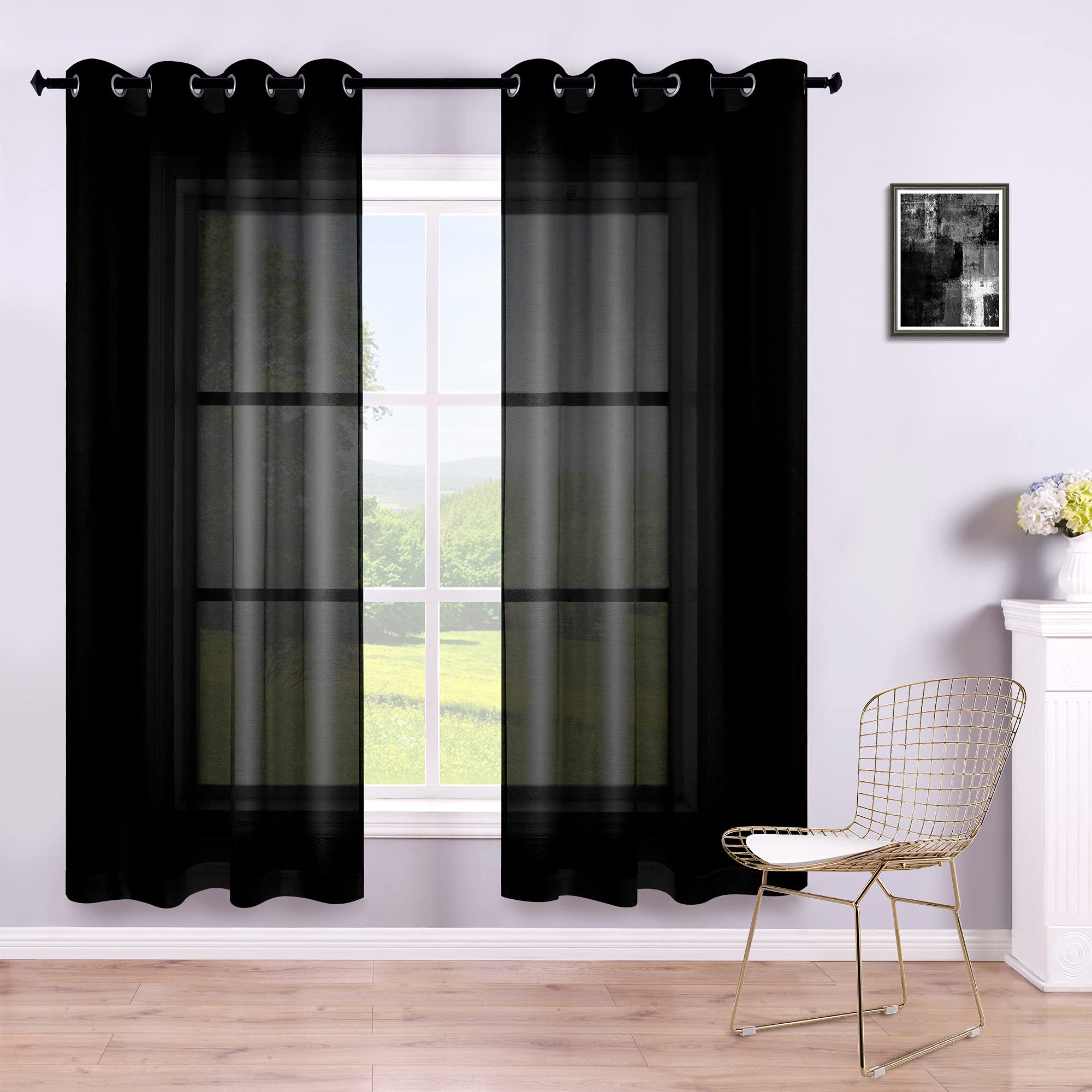 KOUFALL Black Curtains 72 Inch Length 2 Panel Sets for Living Room Grommet Solid Black Sheer Curtains for Bedroom 52x72 Inches Long