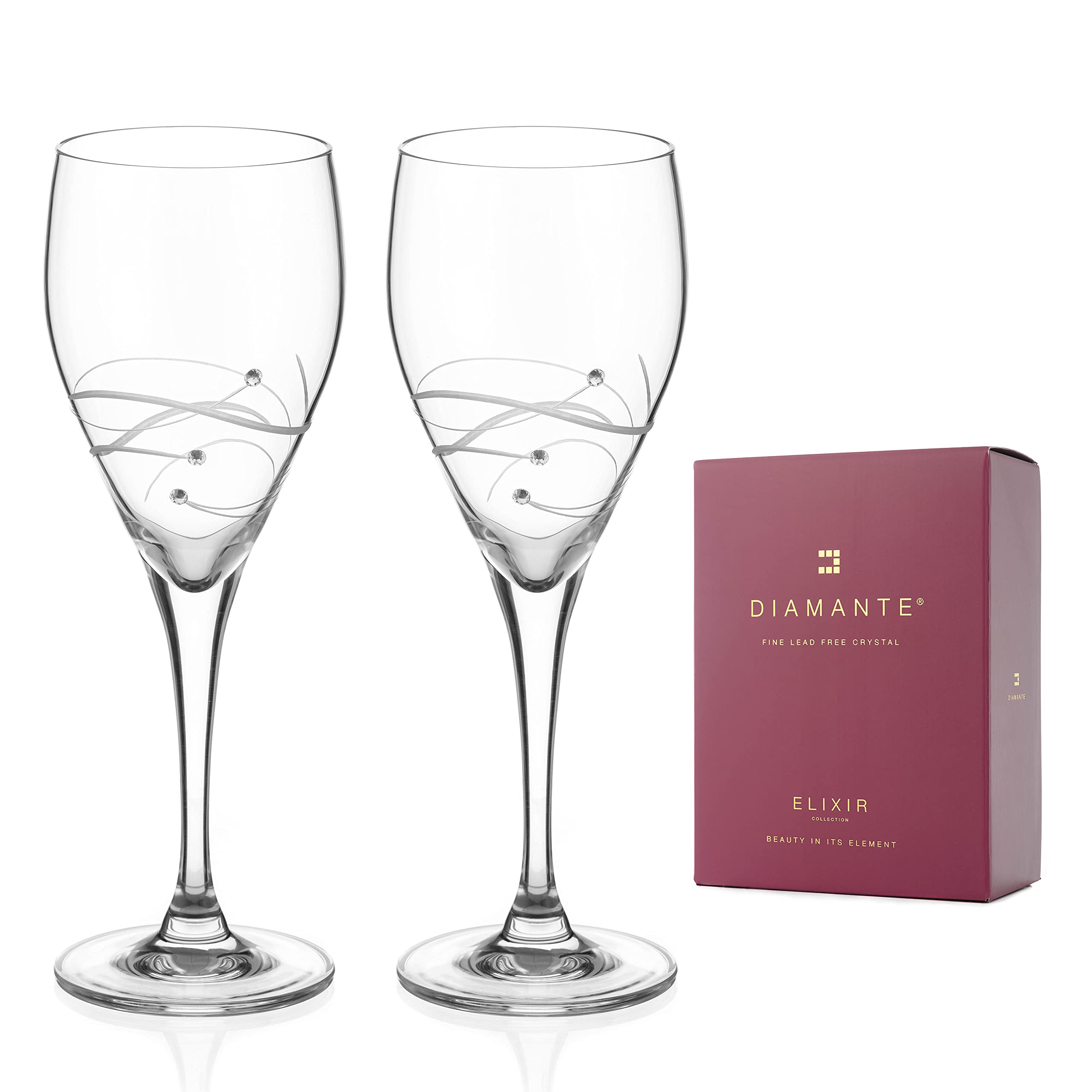 DIAMANTE Swarovski White Wine Glasses Pair - 'Chelsea Spiral' Design Embellished with Swarovski Crystals - Set of 2
