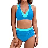 BMJL Women's High Waisted Bikini Sets Tummy Control Swimsuits Two Piece Color Block Modest Bathing Suit