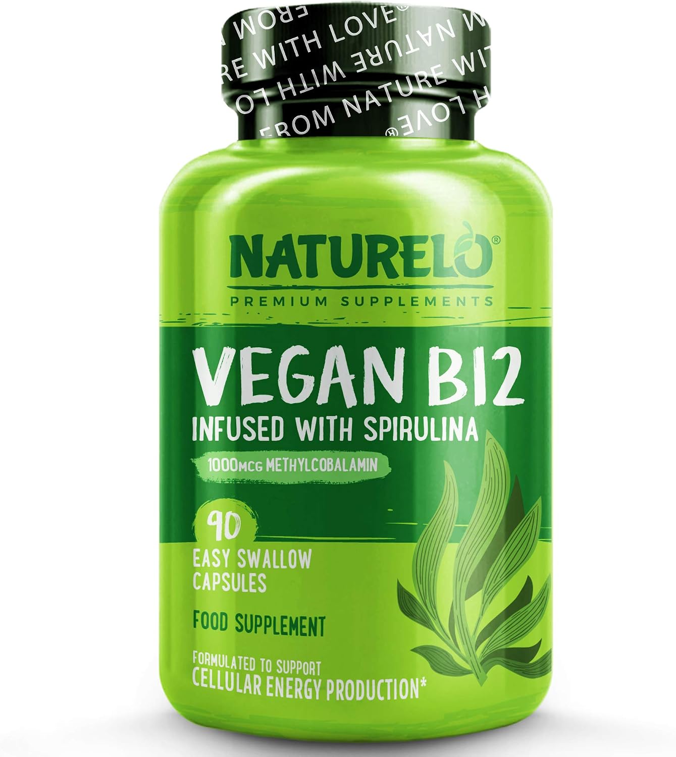 NATURELO Vegan B12 with Spirulina, High Potency 1000mcg Bio-Available Methylcobalamin