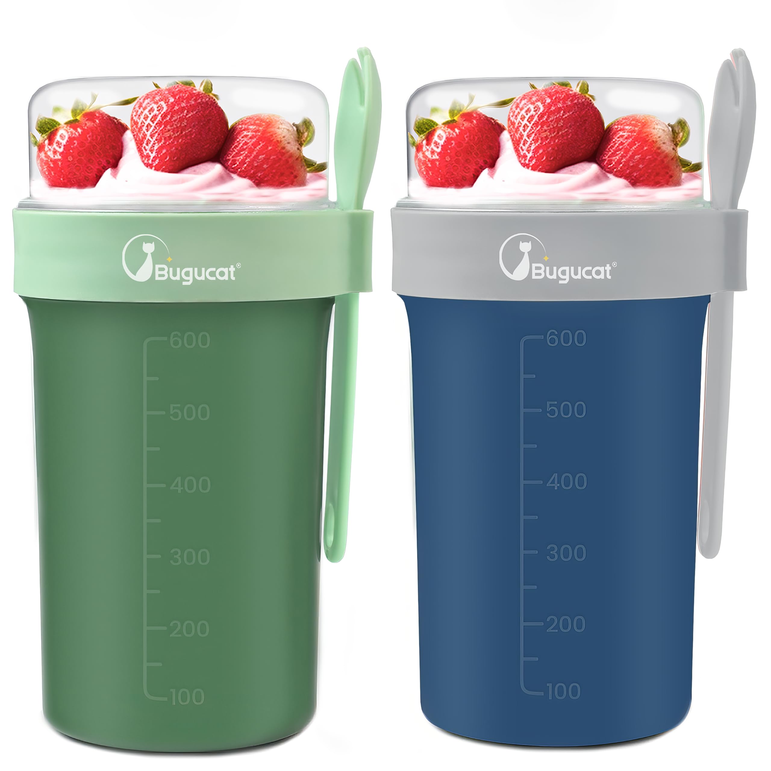 Bugucat Overnight Oats Jars 2 Set, Overnight Oats Container with Lid and Spoon, Leak-Proof yoghurt Cup＆Cereal Cup with Measurement Marks, Salad Storage Container for Milk Cereal Fruit, Blue ＆ Green