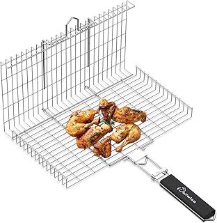 WolfWise Grillkorb Fischbräter, Gemüsekorb Burger Grillwender, Grillrost Grill Basket mit Abnehmbarem Griff, aus 430 Edelstahl, Rostfrei, XL