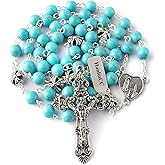 HanlinCC Turquoise Beads Catholic Rosary Necklace with Anti-Silver Plated Fatima Center Piece and Crucifix with Blue Color Leather Gift Box