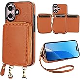 Bocasal RFID Blocking Wallet Case for iPhone 16, Adjustable Crossbody Zipper Purse Case Card Holder with Kickstand Detachable Wrist Strap, PU Leather Flip Folio Case 6.1 Inch 5G (Brown)