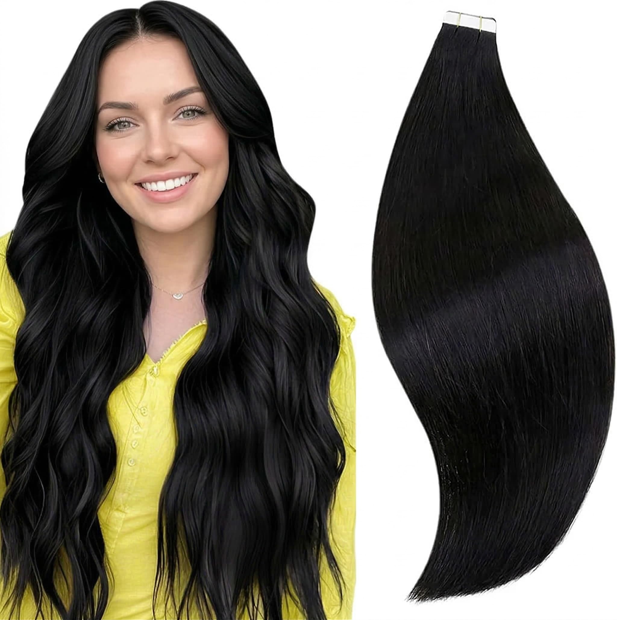 RUNATURE Tape Hair Extensions Real Human Hair Natural Black Hair Extensions Tape in Human Hair Off Black for Natural Looking Daily Use 14 Inch 20 Pcs/40g #1B