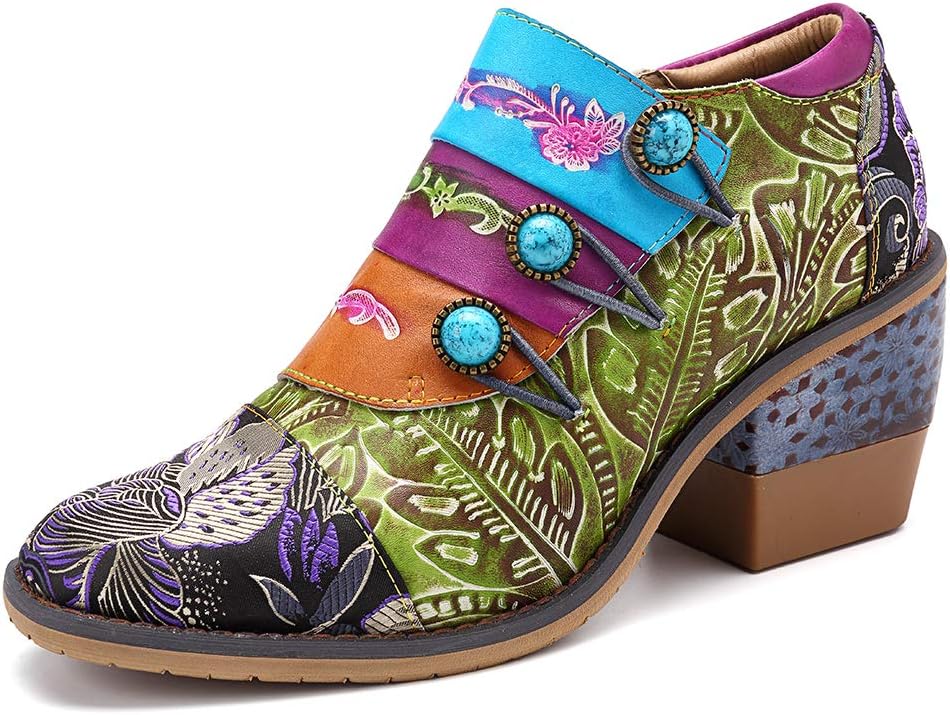 Womens Leather Oxford Shoes Low Block Heel Pumps Ankle Boots Handmade Flower Slip on Mary Jane Flats Shoes for Dress Wedding Party