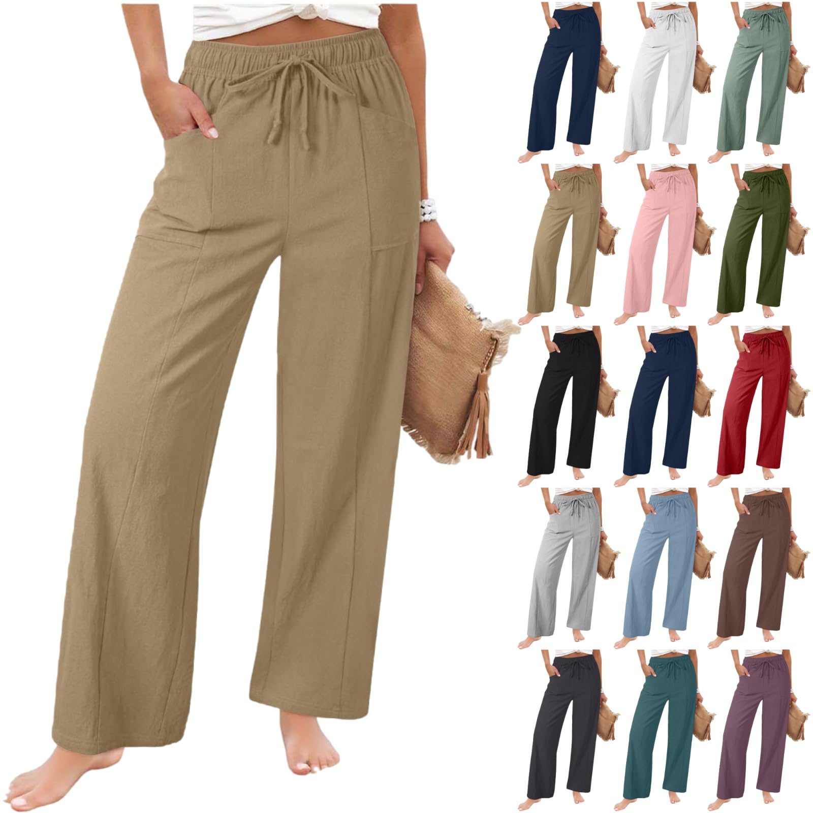 Linen Pants Women Drawstring Straight Leg Flowy Pants Baggy High Waist Lounge Trousers Cotton Summer Beach Trousers