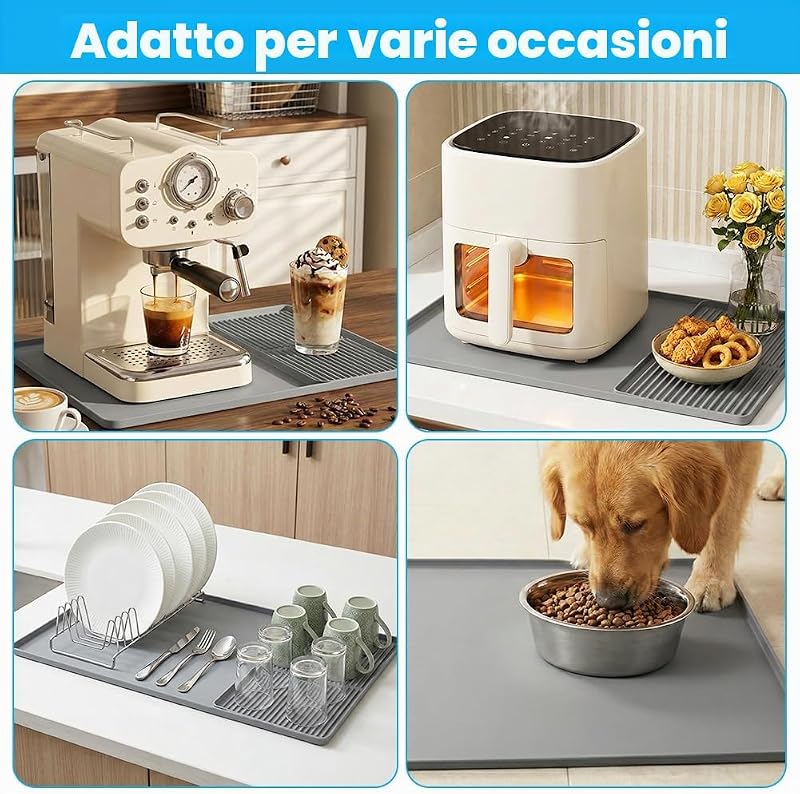 60 x 40 cm Tappetino Macchina Caffe, 2 in 1 Set di Tappetini da Caffè, assorbente, Ad asciugatura rapida, Tappetino Scolapiatti in Silicone Staccabile(Grigio) — foto 7 di 8
