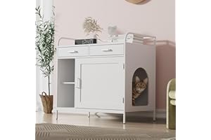 Cozy Castle Litter Box Enclosure, Modern Hidden Cat Litter Box Furniture with 2 Drawers, Tall Legs, Wooden Pet House End Table with 2 Open Storage Organizers, Indoor Cat House Storage Cabinet, White