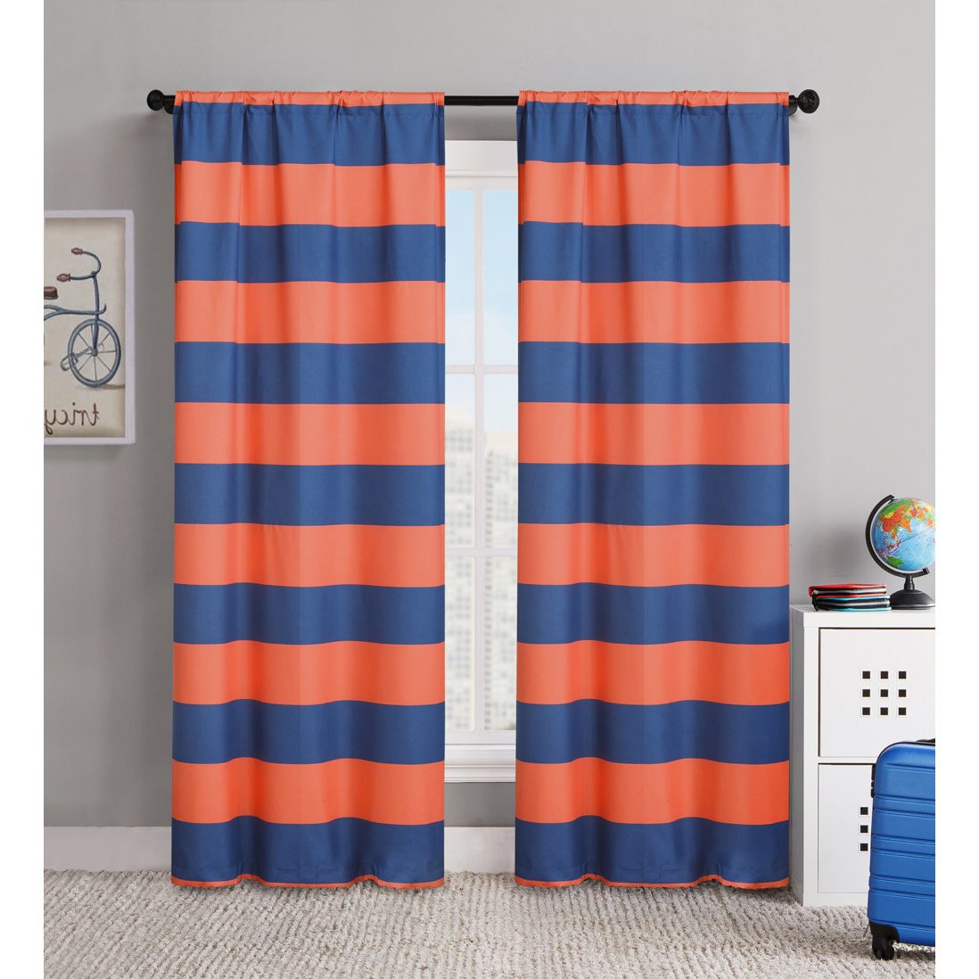 2 Piece 84 Inch Orange Navy Blue Rugby Stripes Curtains Pair Panel