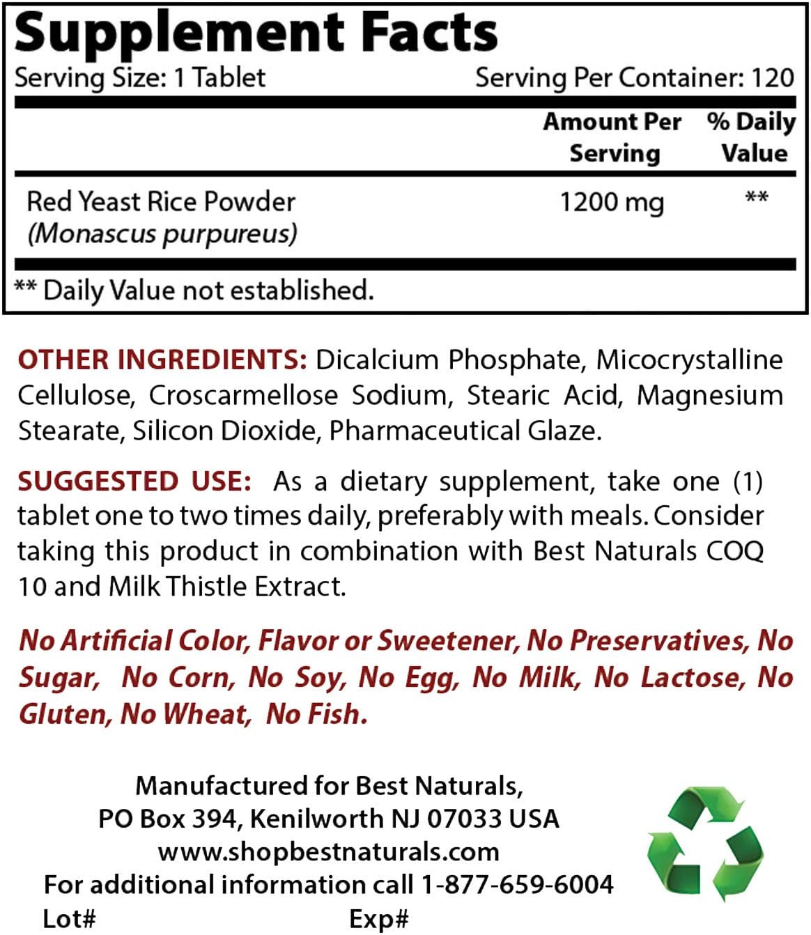 Best Naturals Red Yeast Rice Cholesterol Support 1200 mg (Non-GMO) 120 Tablets: Health & Personal Care
