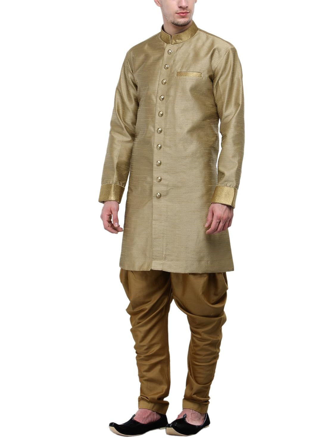rg designers khaki and gold plain sherwani for men