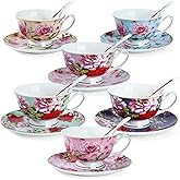 BTaT- Floral Tea Cups and Saucers with Spoon, 8 oz, 6 Set, Porcelain Tea Cups Sets, Dishwasher Safe