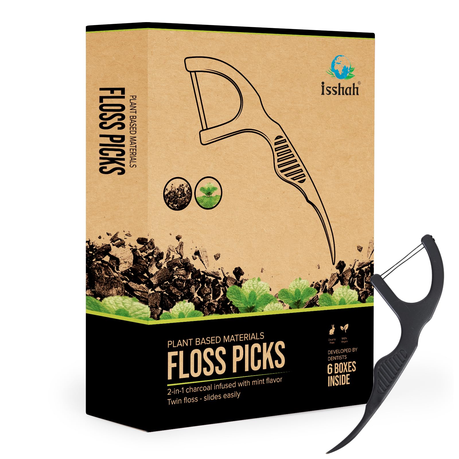 Photo 1 of Natural Dental Floss Picks (300 Count) - Kraft Paper Box Packaging, Plant Based, PETA Approved Vegan, Eco Friendly, Sustainable Dental Flossers - Twin Floss (Charcoal)