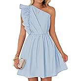 ZESICA Women's Summer One Shoulder Ruffle Dress Boho Sleeveless Elastic High Waist Swing Mini Dresses