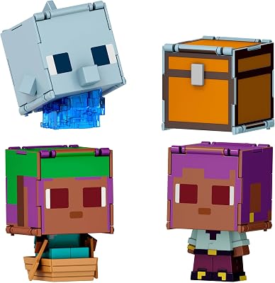 Minecraft - Flippin' Figs Delfino + Baule ed Efe + Efe in barca, set da 2 personaggi alti 9,5 cm e con teste grandi, ispirati al videogioco, giocattolo per bambini, 6+ anni, JCY31