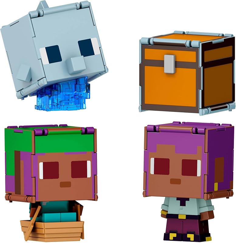 Minecraft - Flippin' Figs Delfino + Baule ed Efe + Efe in barca, set da 2 personaggi alti 9,5 cm e con teste grandi, ispirati al videogioco, giocattolo per bambini, 6+ anni, JCY31