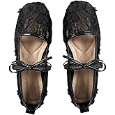 OYOANGLE Women's Floral Lace Mesh Ballet Flats Comfortable Dressy Square Closed Toe Bow Dress Shoes