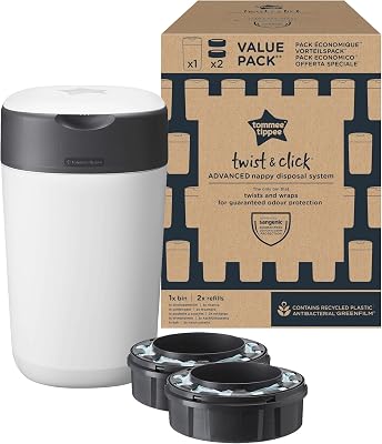 Poubelle à couches Twist & Click, Pack Exclusif avec x2 Recharges incluses, Protection anti-odeurs et anti-germes garantie, Grande capacité