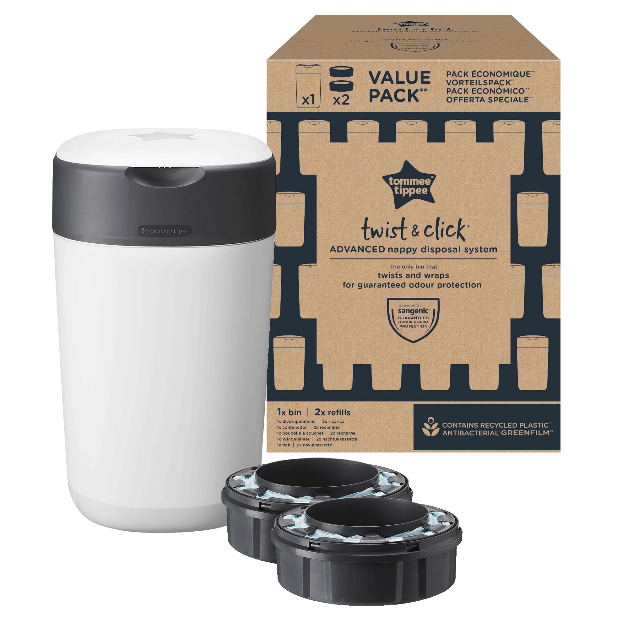 Tommee Tippee Twist and Click Advanced Windeleimer mit 2 Nachfüllkassetten, garantierter Geruchs- und Keimschutz, großes Fassungsvermögen (Verpackung kann variieren)