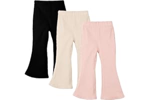 Miipat Toddler Girl Flare Pants 3 Pack Ruffle Ribbed Baby Bell Bottoms Slub Cotton Solid Elastic Waist Trousers