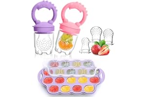 TOHECU Silicone Baby Fruit Feeder & Breastmilk Popsicle Molds Freezer Tray with Lid, 2 Pack Baby Food Feeder to Teething Relief, Introduce New Foods, Self Feeding, Includes 6 Food Pacifiers (Purple+Pink)