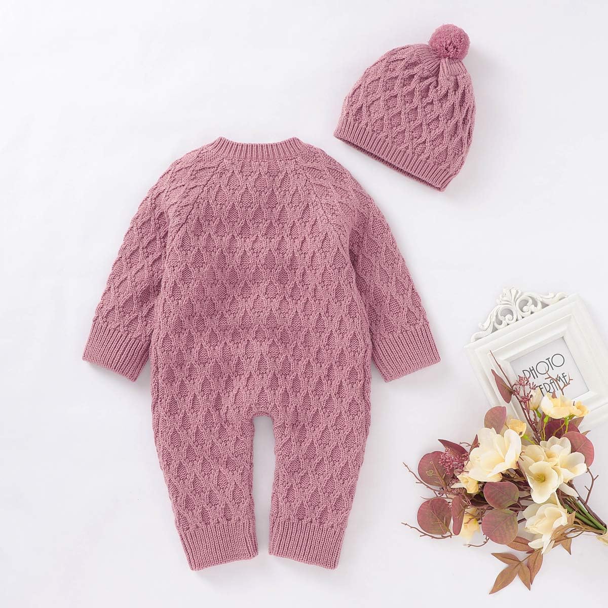 Hadetoto Newborn Baby Romper Knitted Sweater Long Sleeve Jumpsuit Outfits with Warm Hat: Clothing