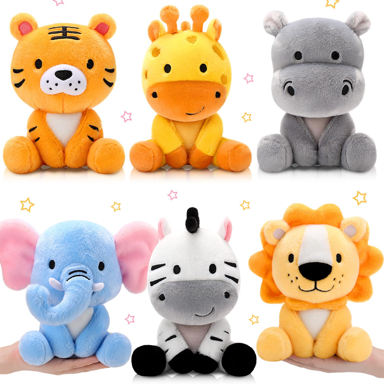 Photo 1 of RoundFunny 6 Pcs Small Stuffed Safari Animals Bulk, 7 Inch Jungle Animals Stuffed Toys, Adorable Plush Lion Zebra Giraffe Tiger Hippo Elephant for Baby Shower Safari Jungle Themed Party Student Award