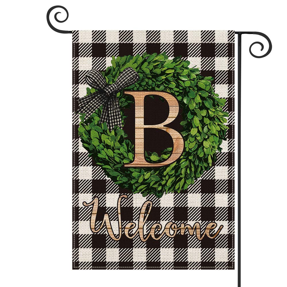AVOIN Boxwood Wreath Monogram Initial Family Last Name B Garden Flag Vertical Double Sided, Welcome Buffalo Check Plaid Rustic Farmhouse Flag Yard Outdoor Decoration 12.5 x 18 Inch