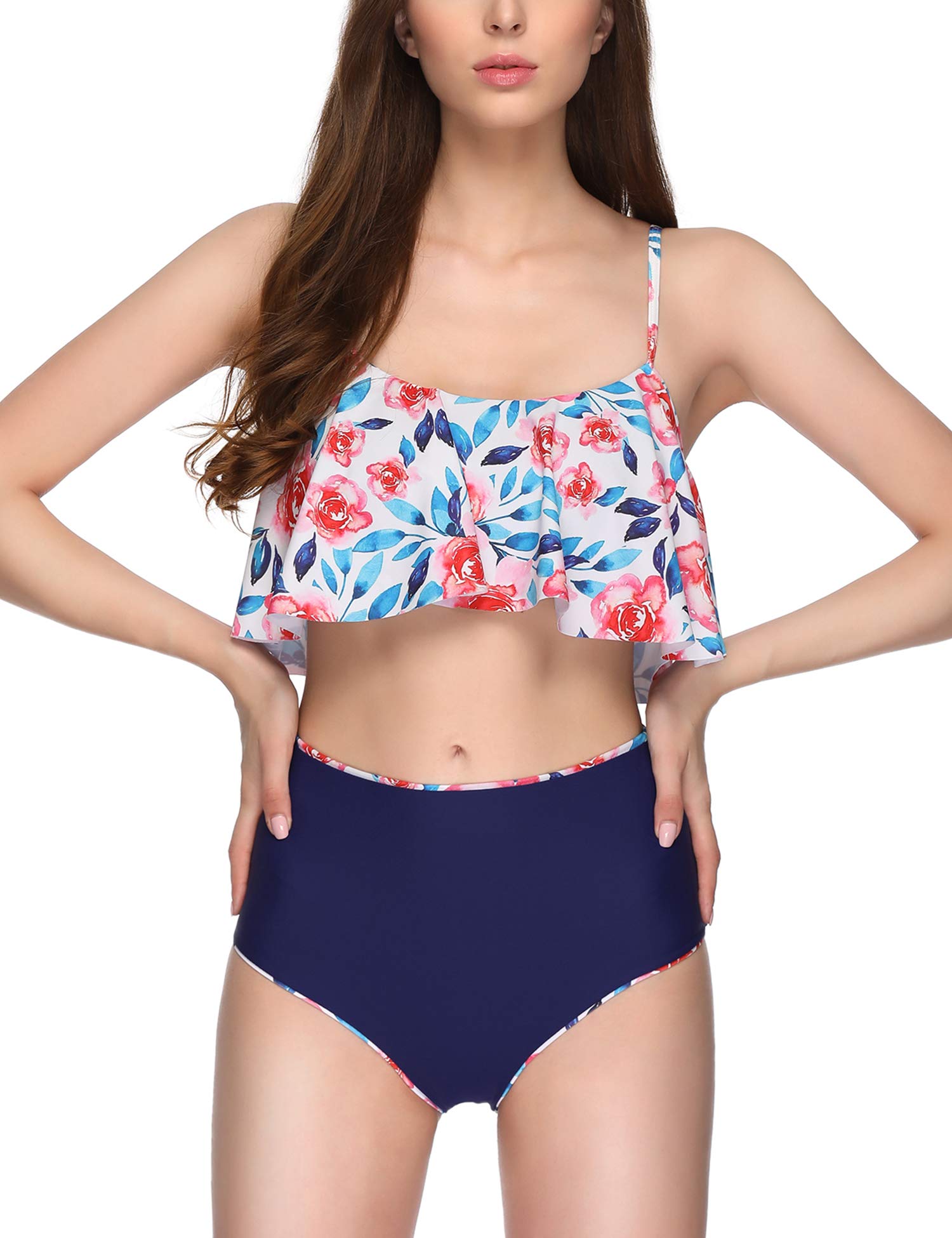 Verano Playa Swimsuits Women Floral Print Tiered Top High Waisted Bottom Two Piece Bikini Set Bathing Suit