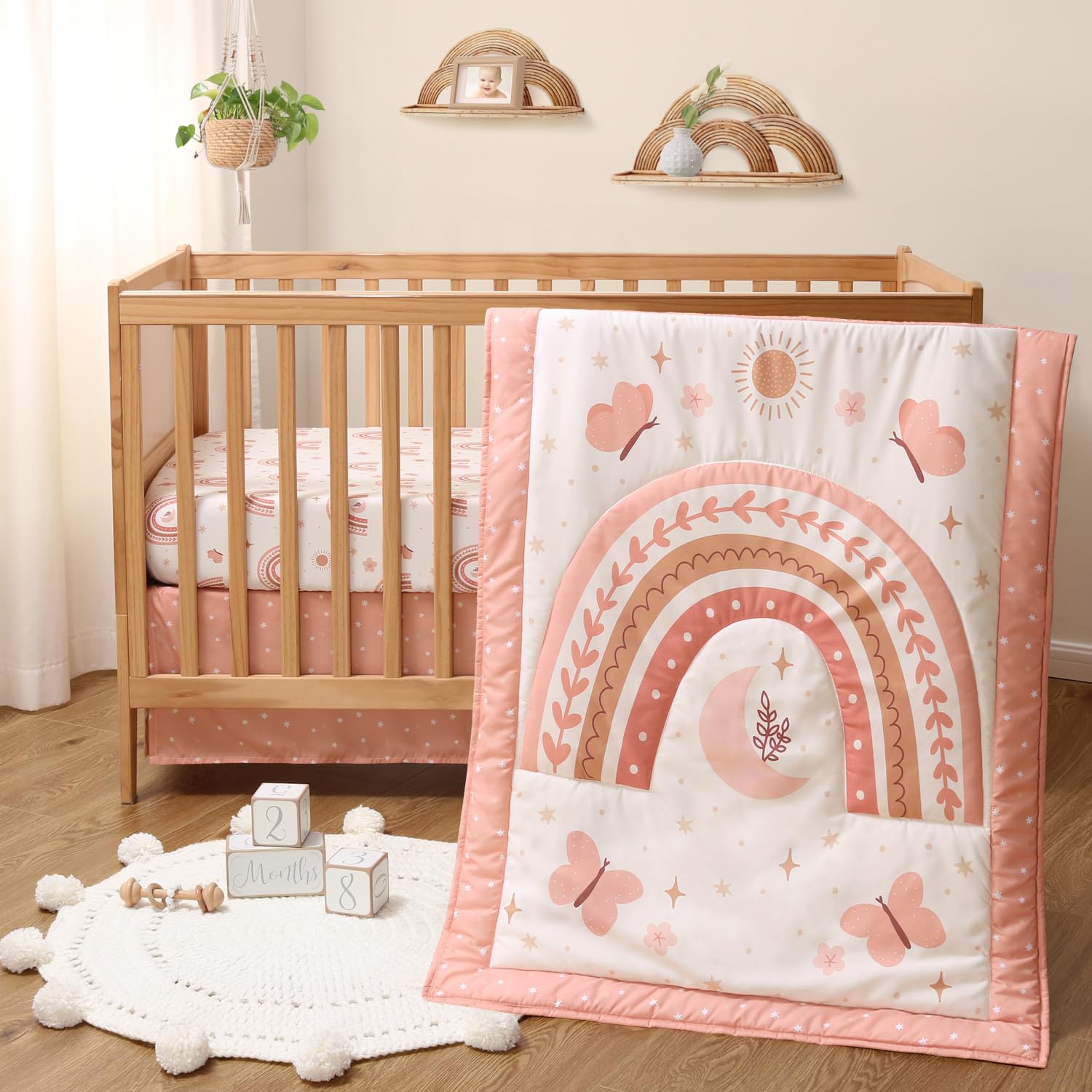 Photo 1 of The Peanutshell 3 Piece Baby Crib Bedding Set for Girls - Newborn, Infant & Toddler Nursery Bed Set Decor with Fitted Crib Sheet, Dust Ruffle Comforter - Boho Rainbow