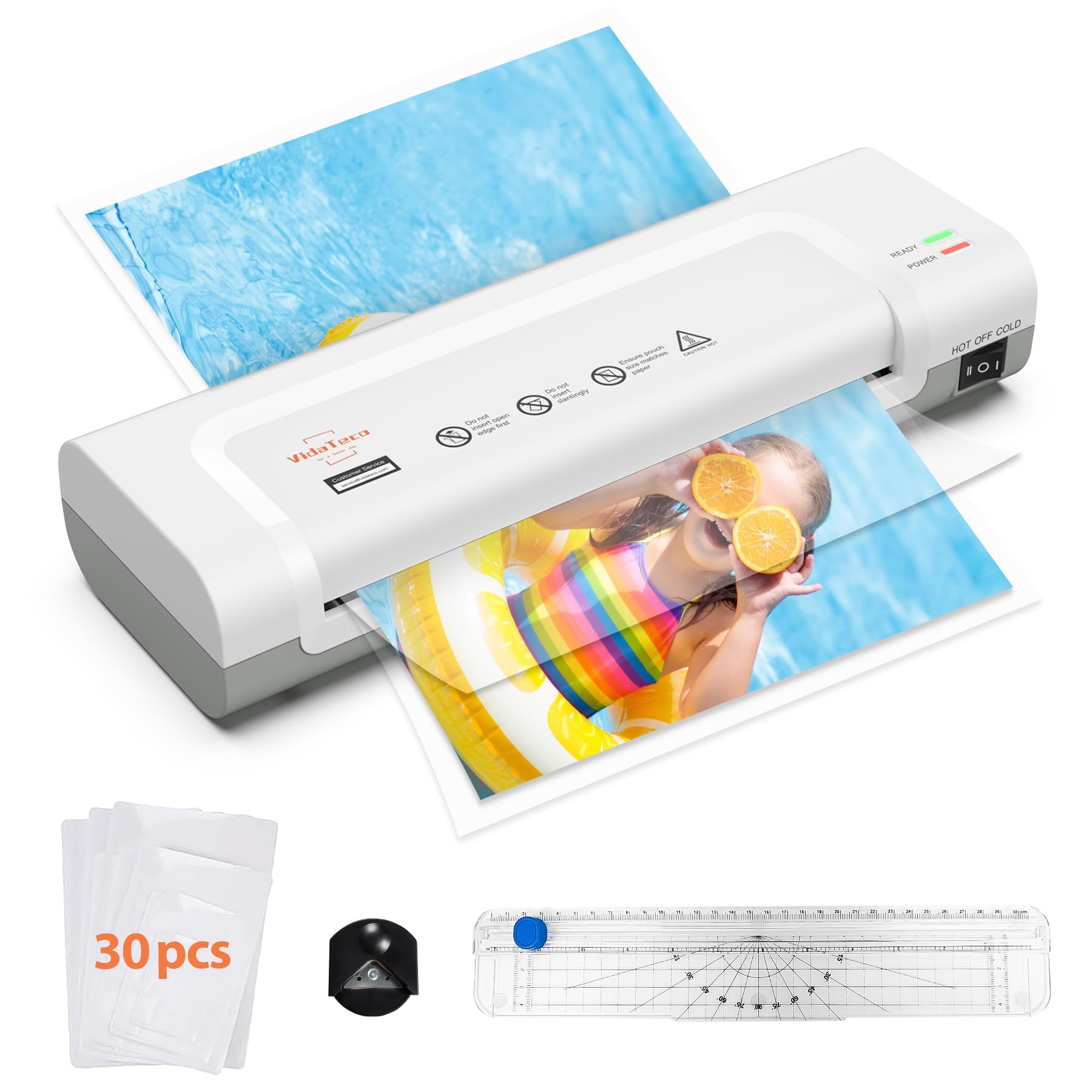 Vidateco A4 Laminator Machine - 4 in 1 Thermal & Cold Laminator with 30 Pouches, Paper Trimmer & Corner Rounder, Never Jam Tech, 90s Quick Warm Up, 70-125 Mic for Home Office School (White)