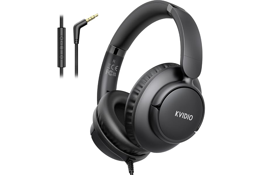 KVIDIO Wired Headphones with Microphone, Over Ear Lightweight Foldable 3.5mm Plug in Corded Headphones Wired with Volume Control, 4.9ft Tangle-Free Cord for Tablet Laptop MP3/4 School Travel Black