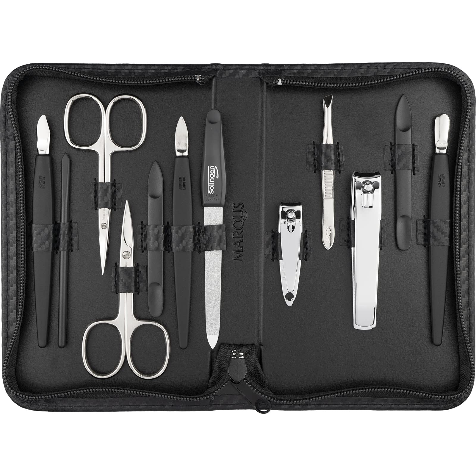 Solingen Manicure Set for Women and Men - 12 pcs kit - made in Germany incl. nailclippers & pedicure tools - Fashion leather case ideal for travelling, carbon
