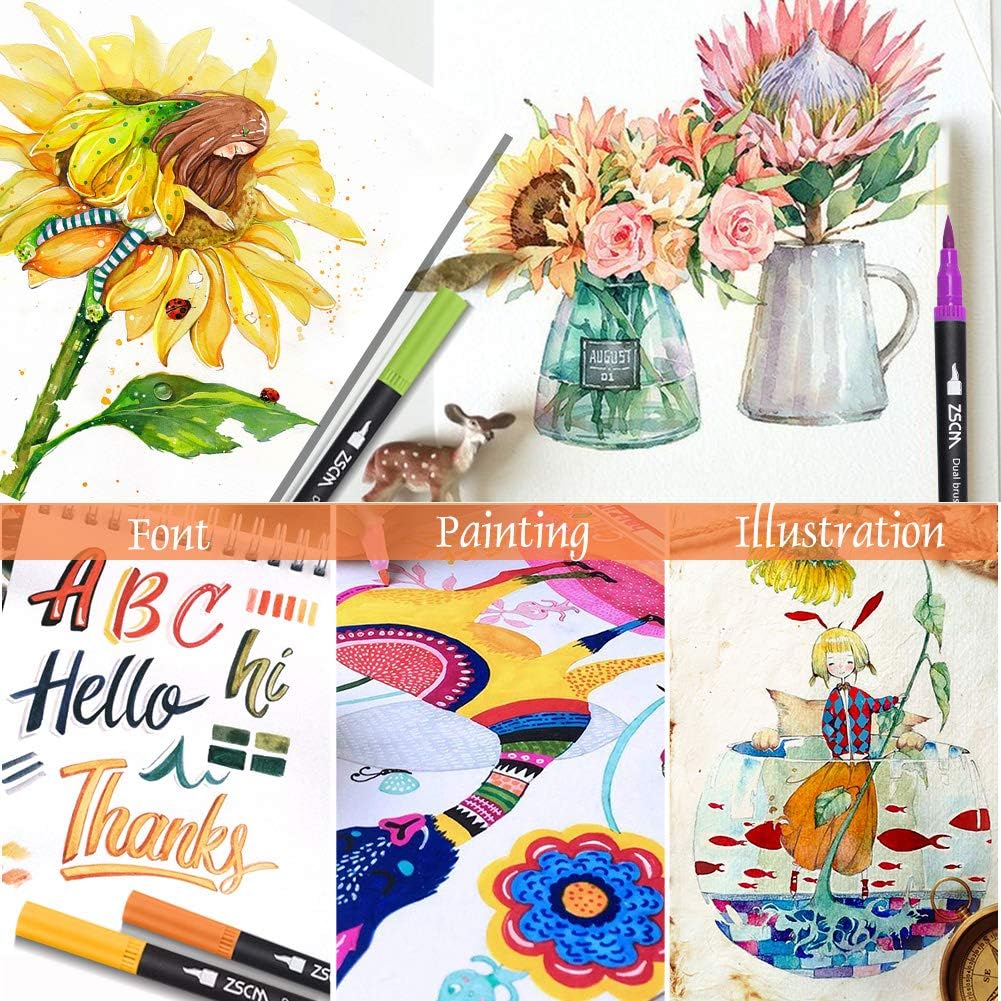 ZSCM 32 Colors Dual Tip Brush Pens Art Markers Set, Artist Fine and Brush Tip Colored Pens, for Kids Adult Coloring Books, Note taking Writing Lettering Calligraphy Bullet Journaling School Supplies : Office Products