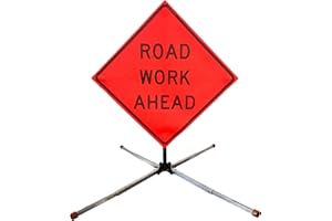 OrangeGear® 36" x 36" MUTCD TTC Compliant Safety Orange Mesh Rollup Traffic Control Sign, Fiberglass Ribs & Aluminum Sign Stand Kit (Road Work Ahead)