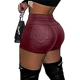 SOFIA'S CHOICE Women's Faux Leather Shorts High Waisted Roll Hem Pleated Mini Short with Pockets