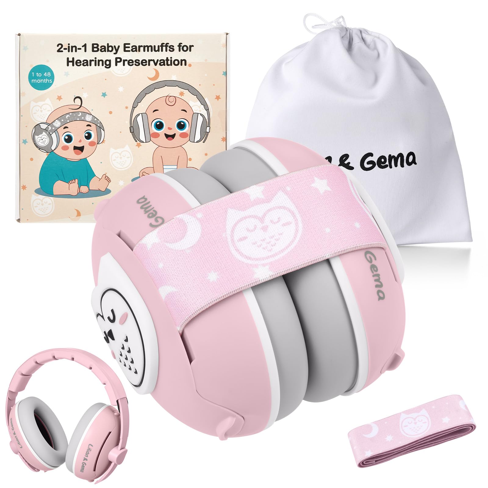 Photo 1 of Lilian&Gema 2-in-1 Baby Ear Muffs Noise Protection, Adjustable Headphones with Band, Owls Noise Cancelling Headphones for Babies & Toddler up to 4 Years, Baby Airplane Essentials/Outdoor, Pink