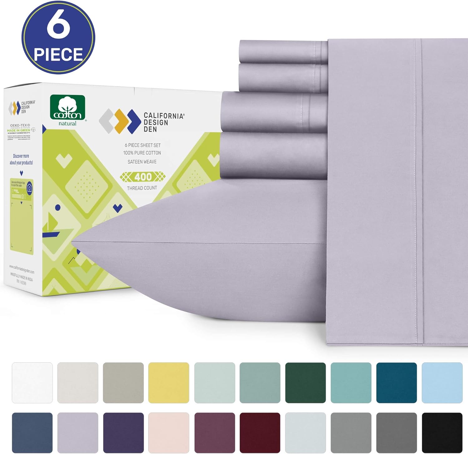 Lavender Queen Sateen Bed Sheets - 100% Pure Cotton 400 Thread Count, Solid Color 6 Piece Soft Sheet Set, Comfortable Wrinkle Resistant Bedding, Deep Pocket Fits Mattress 16 Inches: Home & Kitchen
