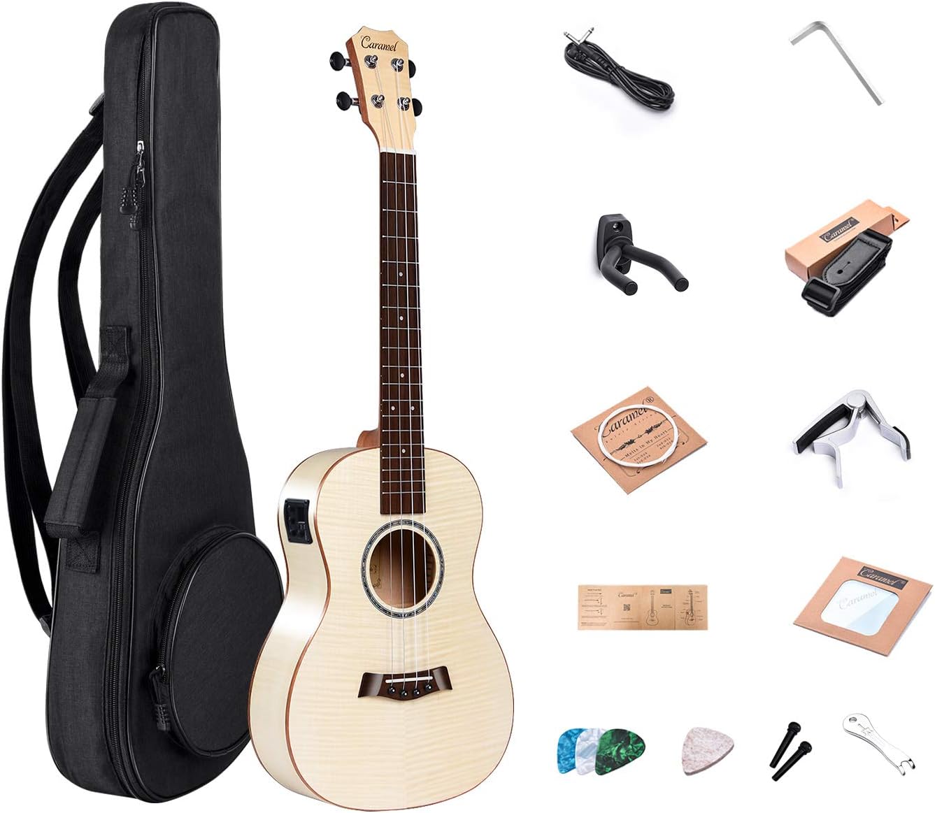 Caramel 30inch CB601 Flame Maple Baritone LCD color display Electric Ukulele Bundle strings Padded Gig Bag Strap Starter Kit
