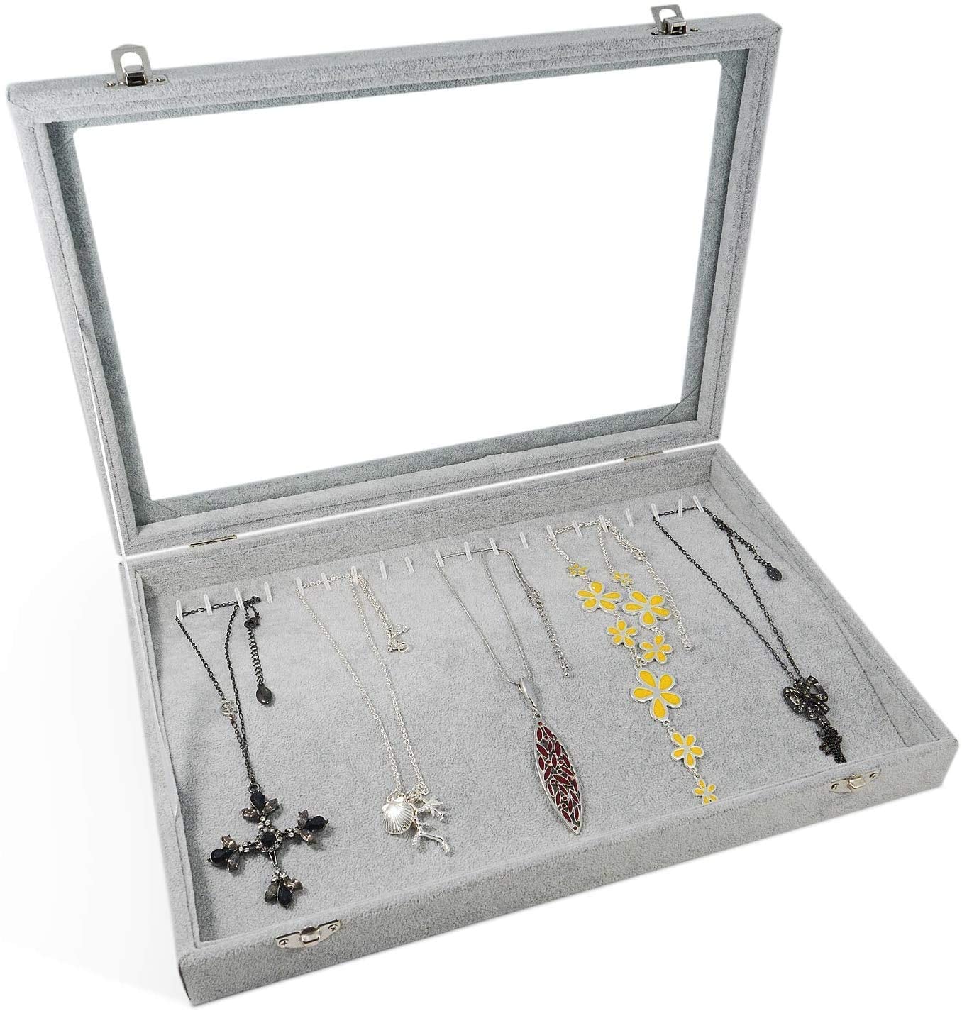 BIENSER Necklace Organiser, Velvet Lid Necklace Holder, Display Tray Case Lockable, Dustproof, 13.14"(L) X 9.18"(W)