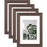 Egofine 5x7 Picture Frames Set of 4, Made of Solid Wood Covered by Plexiglass 3.5x5 and 4x6 with Mat or 5x7 without Mat, for Table Top Display and Wall Mounting Photo Frame Brown