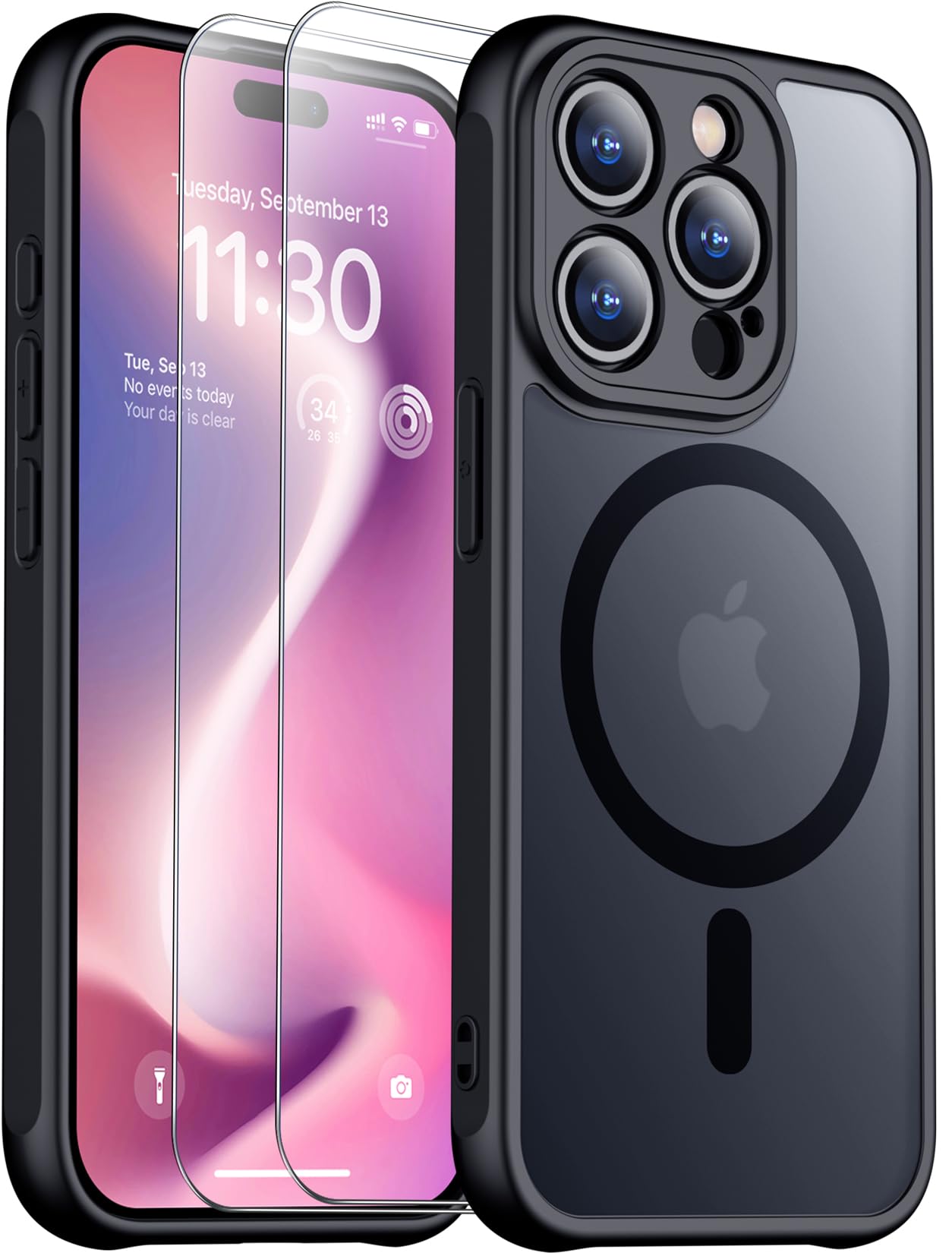 Photo 1 of SPIDERCASE Designed for iPhone 15 Pro Case, Magnetic with [2 Tempered Glass Screen Protector] [Full Camera Protection] Anti-Fingerprint Anti-Scratch Case for iPhone 15 Pro 6.1”, Black