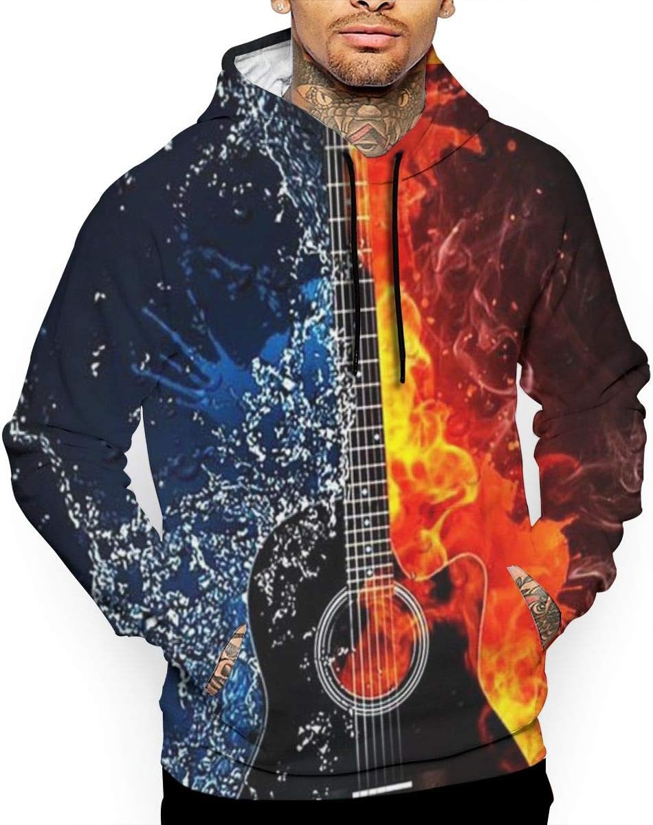 Ice and Fire Guitar Men's Hooded Sweatshirts 3D Novelty Hoodies Pullover Sweatshirt Fashion Pocket