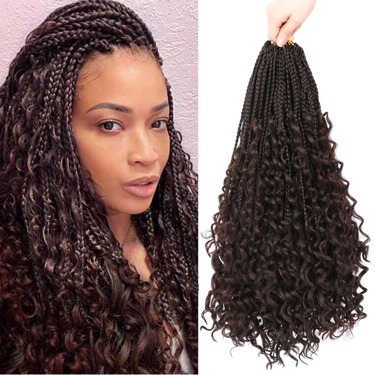 14Inch 8Packs Boho Box Braids Crochet Hair with Curly Ends Pre Looped Black Messy Goddess Box Braids Hair Extensions Individual Synthetic Bob Goddess Locs (4#) — image 1